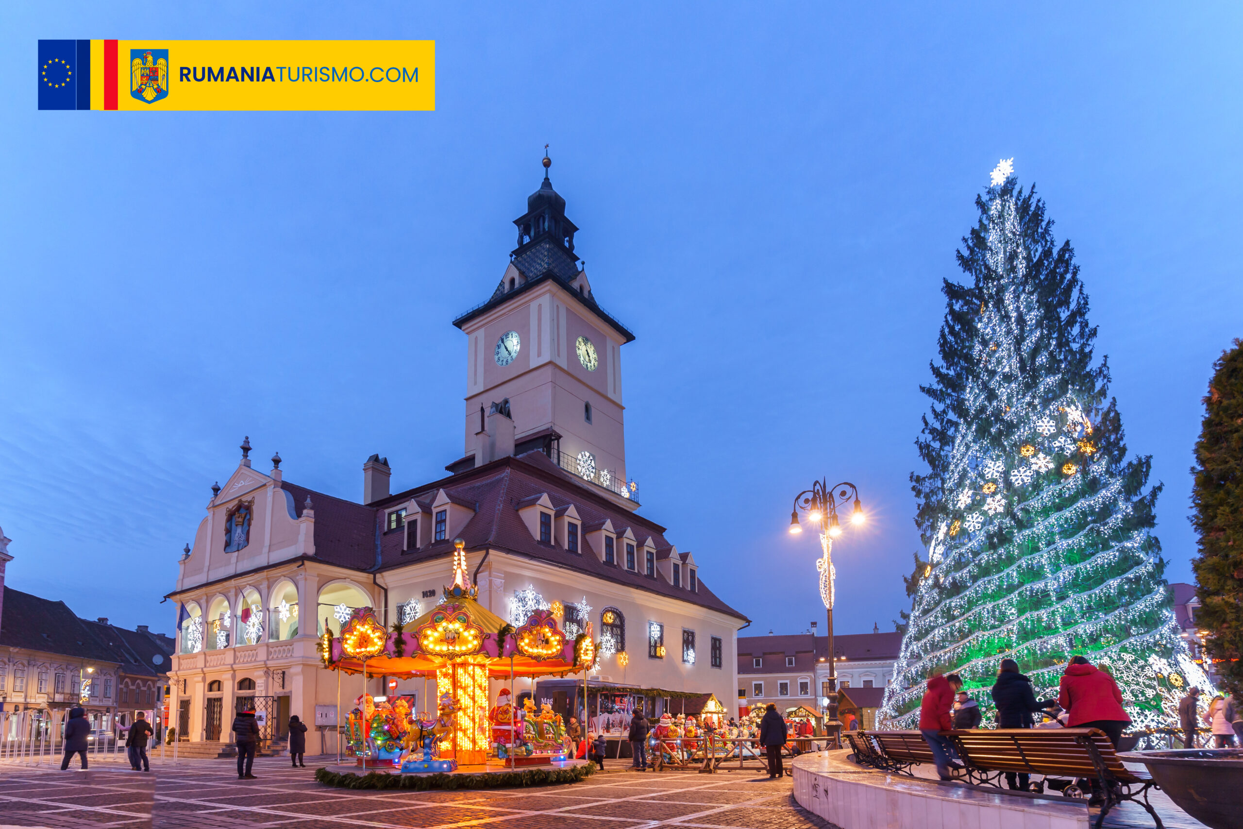 Brasov Christmas market in the beautiful blue morning light.